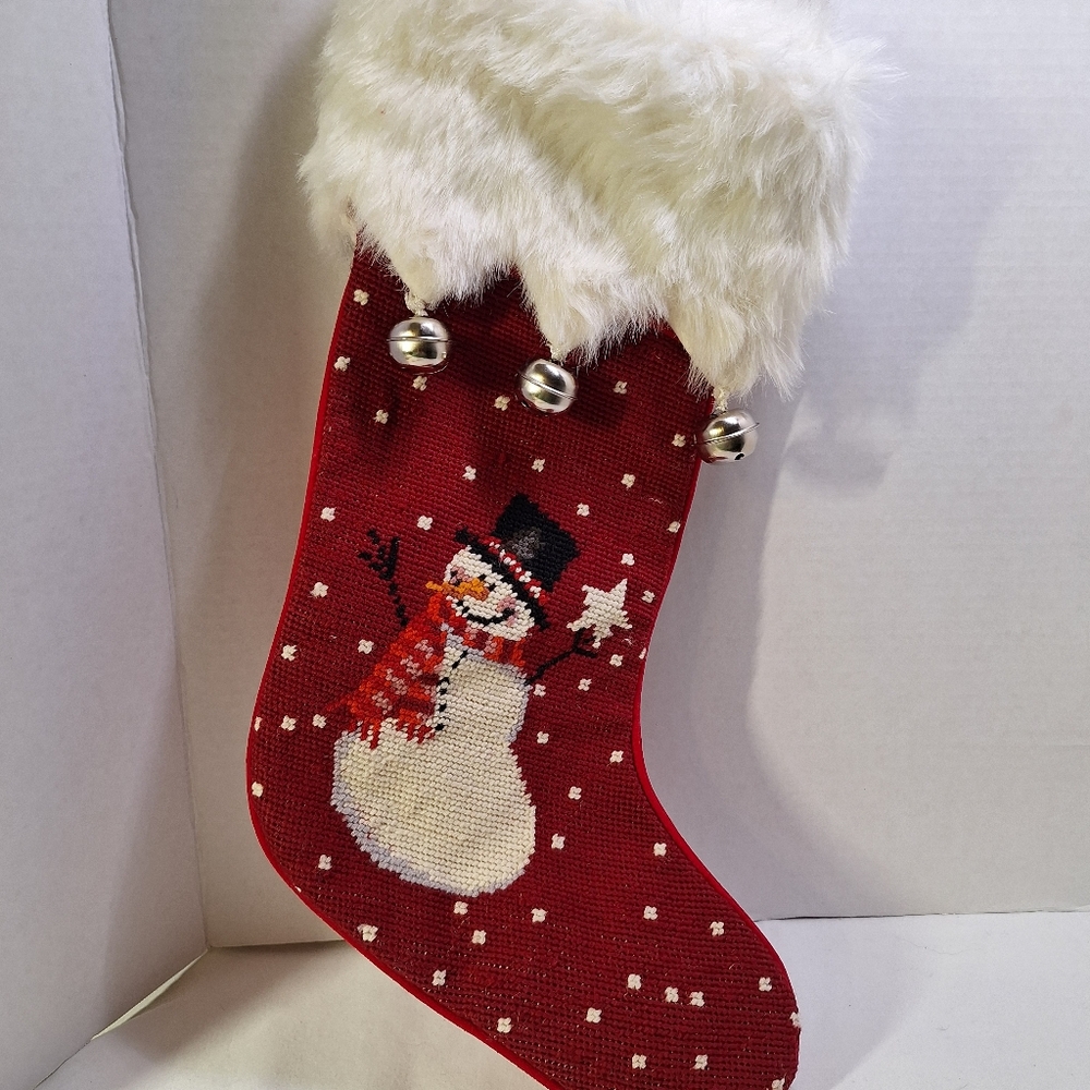 Needlepoint Christmas Stocking Faux Fur Cuff Bells Snowman Mervyns 18" Lined